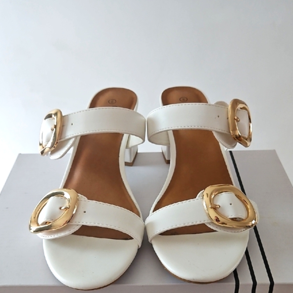 Ophelia Roe Elegant White Sandals with Gold Accents